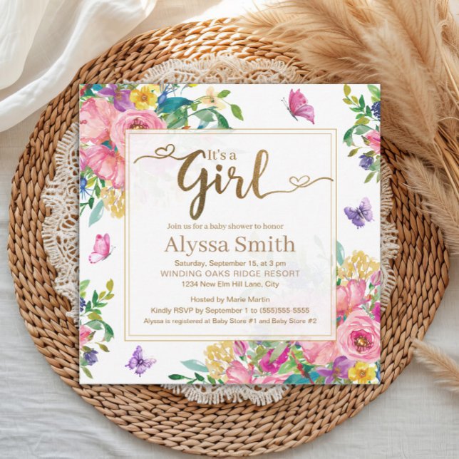 It's a Girl Pink Blue Yellow Floral Baby Shower Invitation ("It's a girl" pink, blue, and yellow watercolor floral and butterflies baby shower invitation)