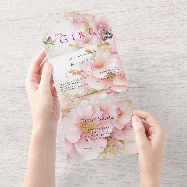 It's a girl pink blush floral all in one invitation (Tearaway)