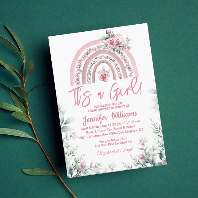 it's a girl pink boho floral baby shower  rainbow invitation (Creator Uploaded)