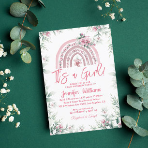 it's a girl pink boho floral baby shower rainbow invitation