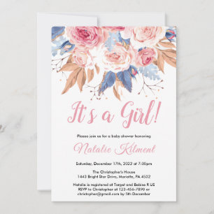 Its a Girl Pink Botanical Floral Girl Baby Shower Invitation