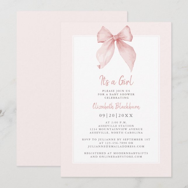 It's A Girl Pink Bow Baby Shower Coquette Elegant Invitation (Front/Back)