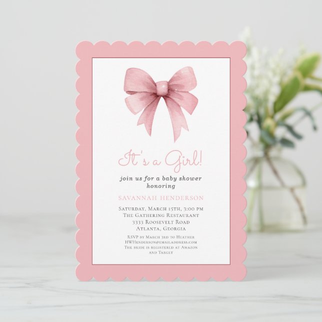 It's a Girl Pink Bow Baby Shower Invitation (Standing Front)