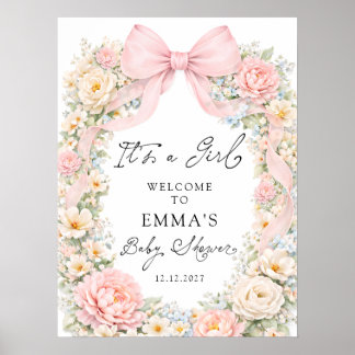 It's a Girl Pink Bow Garden Baby Shower Welcome Poster