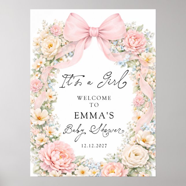 It's a Girl Pink Bow Garden Baby Shower Welcome Poster (Front)