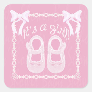 It's a girl Pink Bow Shoes Baby Girl Shower Square Sticker