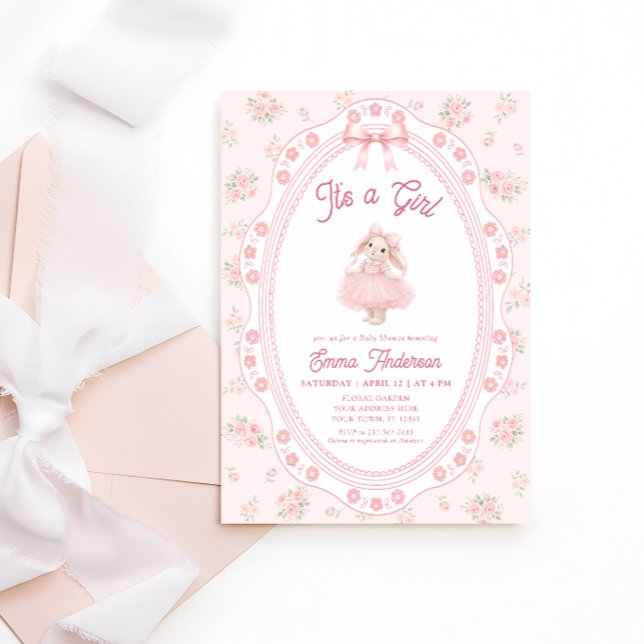 It's a Girl Pink Bunny Girl Baby Shower Invitation (Creator Uploaded)