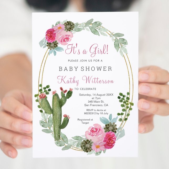 It's a Girl Pink Cactus Floral baby shower Invitation (Creator Uploaded)