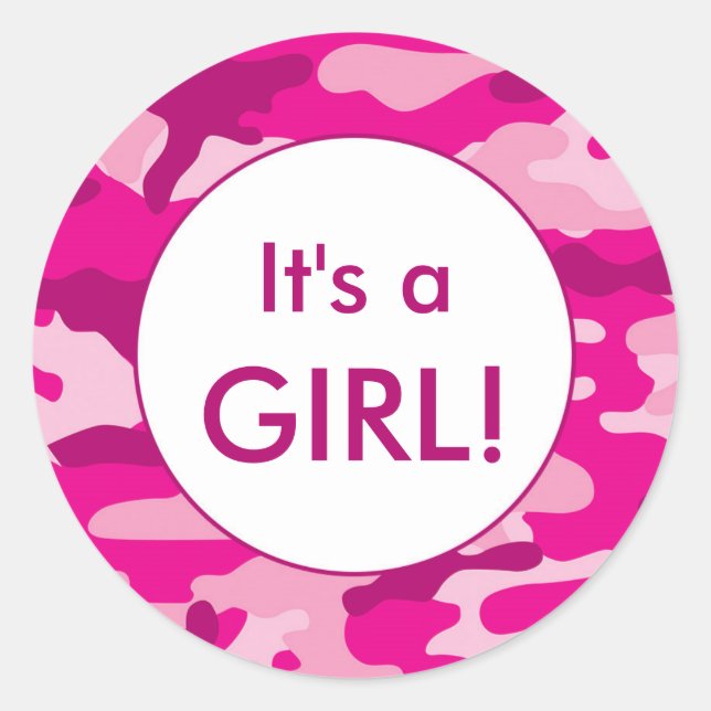 It's a GIRL pink camo announcement favour stickers (Front)
