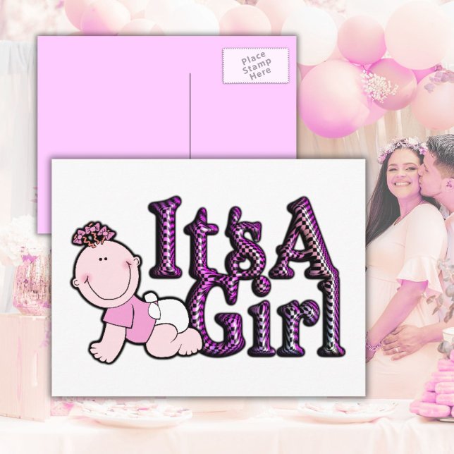 It's A Girl Pink Check Baby Announcement Postcard (It's a Girls | Gender Reveal | Baby Shower Postcard)