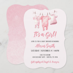 Its A Girl Pink Clothesline Girly Baby Shower Invitation