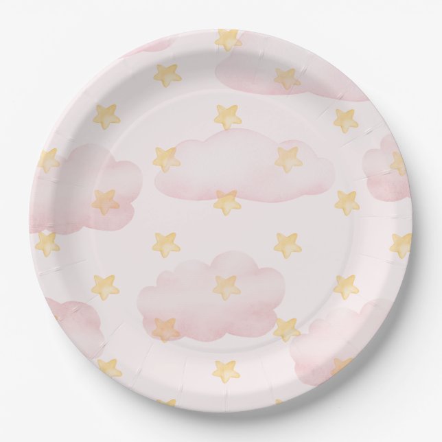 its a girl pink clouds baby shower party paper plate (Front)