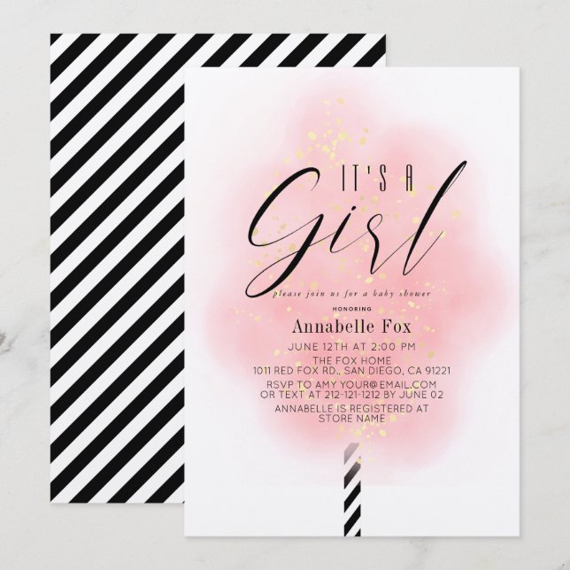 It's a Girl Pink Cotton Candy Baby Shower Invitation (Front/Back)
