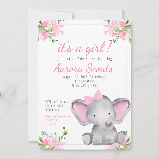 It's A Girl Pink Cute Elephant Baby Shower Invitation (Front)