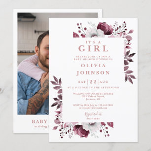 Its A Girl Pink Elegant Floral Photo Baby Shower Invitation