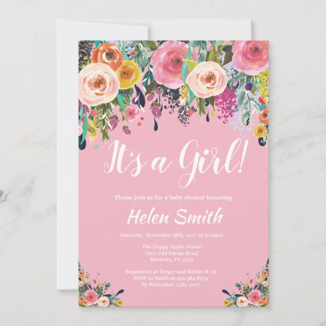 It's A Girl Pink Floral Baby Shower Invitation (Front)