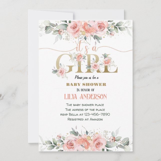 I'ts a girl pink floral Baby Shower invitation (Front)
