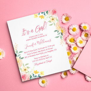 its a girl,pink floral baby shower invitation  flyer