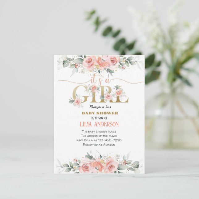 I'ts a girl pink floral Baby Shower invitation Postcard (Standing Front)