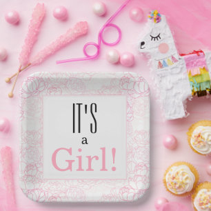 It's a Girl Pink Floral Baby Shower  Paper Plate