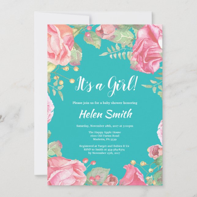 It's A Girl Pink Floral Baby Shower Teal Invitation (Front)