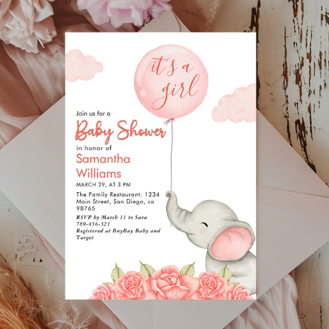 Its A Girl Pink Floral Elephant Baby Shower Invitation (Creator Uploaded)