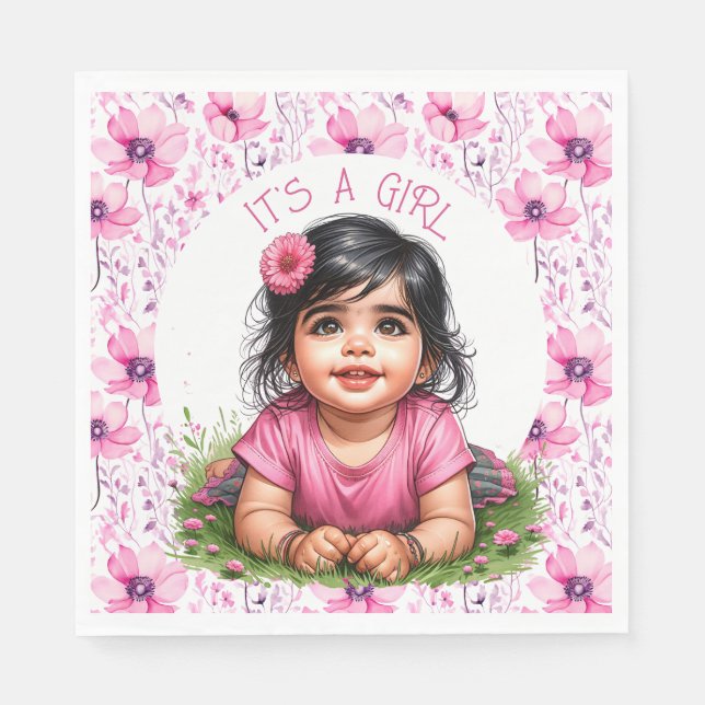 It's a Girl | Pink Floral Girl's Baby Shower Napkin (Front)
