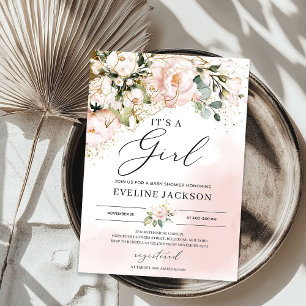 It's a girl pink floral gold boho baby shower invitation