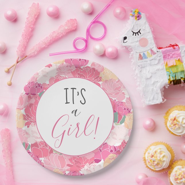 It's a Girl Pink Floral Pattern Baby Sprinkle Napk Paper Plate (Party)
