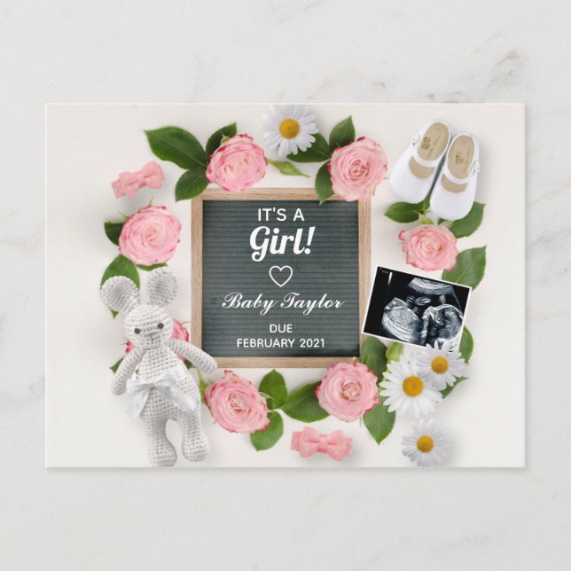 It's a Girl Pink Floral Pregnancy Announcement Postcard (Front)