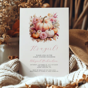 It's a Girl Pink Floral Pumpkins Fall Baby Shower Invitation