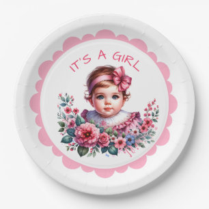 It's a Girl   Pink Floral Vintage Baby Shower Paper Plate