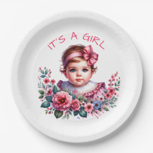 It's a Girl   Pink Floral Vintage Baby Shower Paper Plate