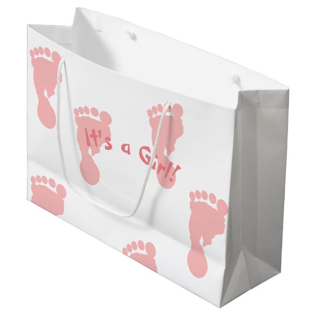 It's a Girl Pink Footprint Patterned Large Gift Bag (Front Angled)