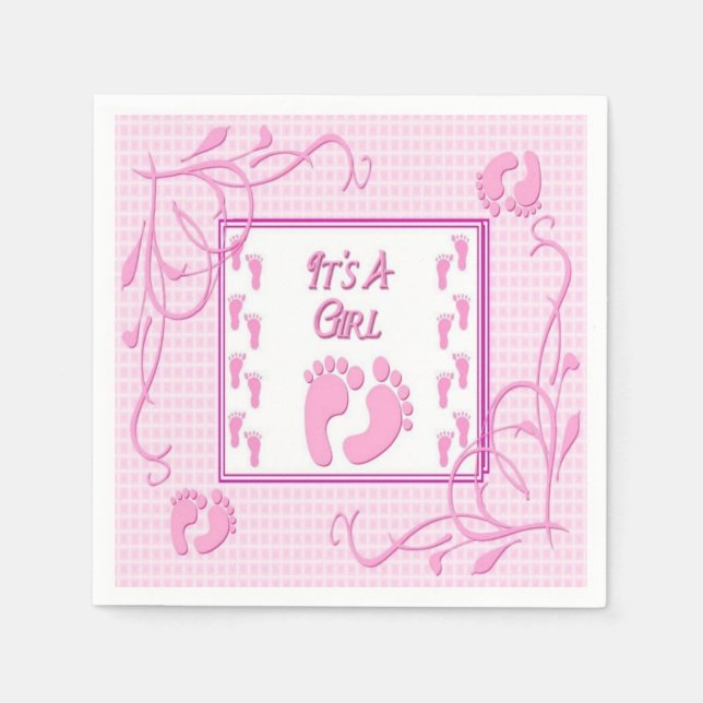 It's A Girl Pink Footprints Baby Shower Napkins (Front)