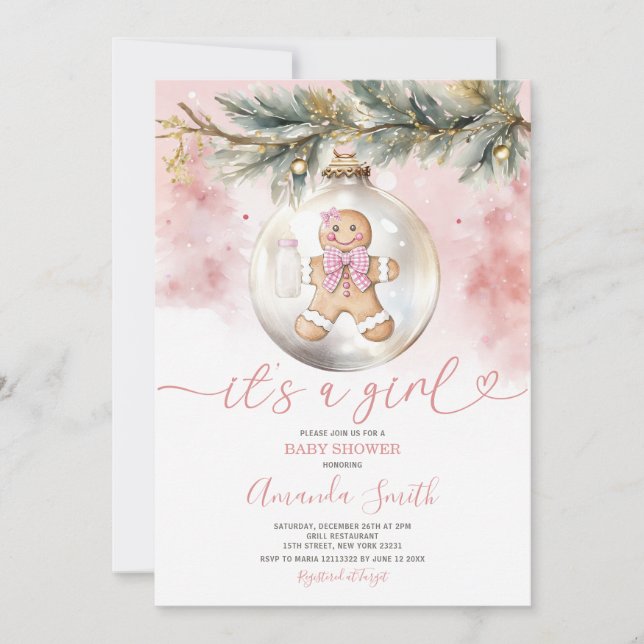 It's A Girl Pink Gingerbread Christmas Baby Shower Invitation (Front)