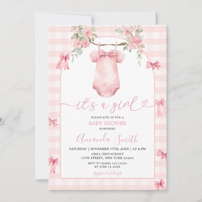 It's A Girl Pink Gingham Bow Floral Baby Shower Invitation (Front)