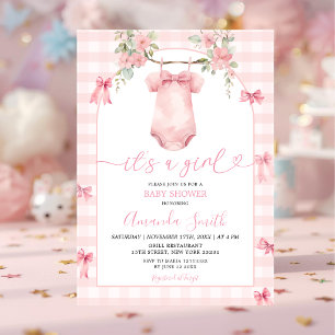 It's A Girl Pink Gingham Bow Floral Baby Shower Invitation