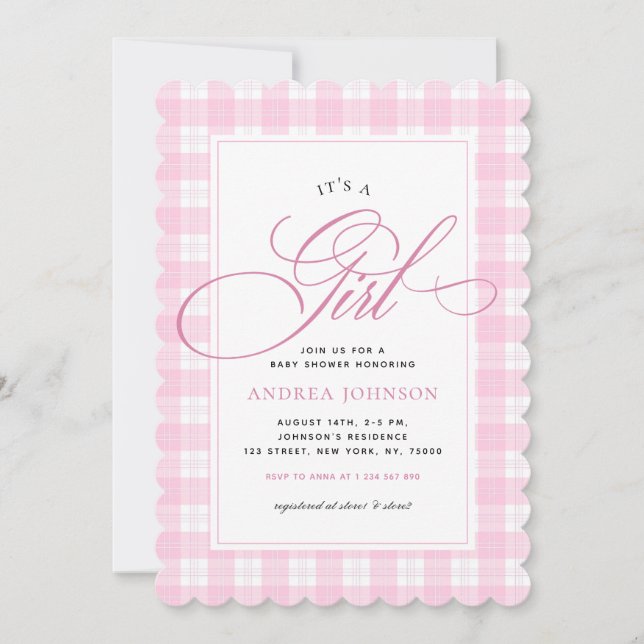 It's a Girl Pink Gingham Plaid Winter Baby Shower Invitation (Front)