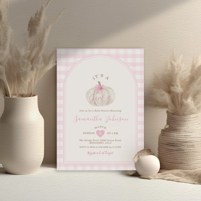 It's A Girl Pink Gingham White Pumpkin Baby Shower Invitation (Creator Uploaded)
