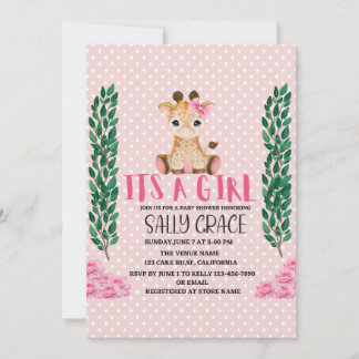 Its A Girl, Pink, Giraffe, Baby Shower Invitation