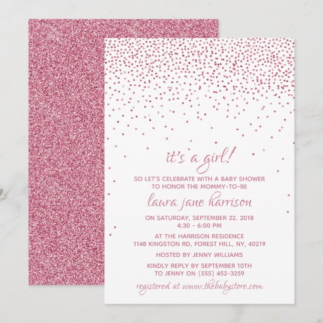 It's a Girl! Pink Glitter Confetti Baby Shower Invitation (Front/Back)