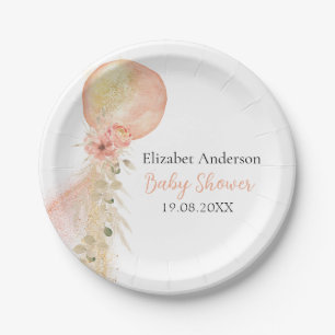 It's a Girl Pink Gold  Balloon Eucalyptus Paper Plate