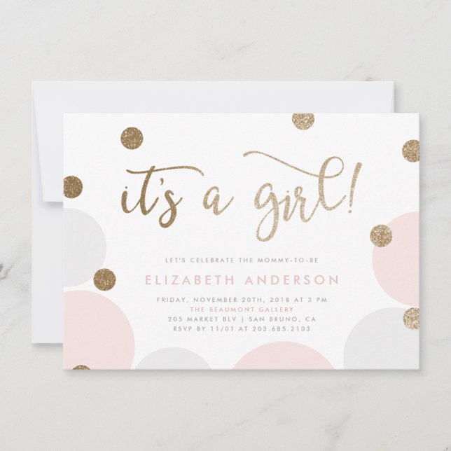 It's a Girl! | Pink & Gold Confetti Baby Shower Invitation (Front)