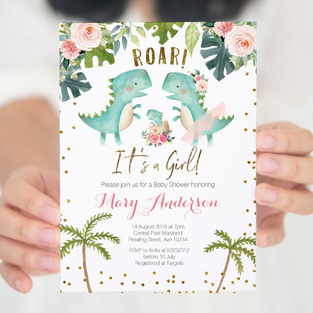 It's a Girl Pink Gold Dinosaur Couple Shower Invitation (Creator Uploaded)