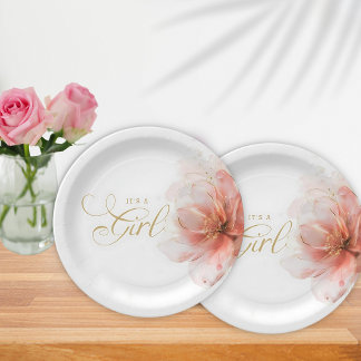 It's a Girl Pink Gold Floral Modern Baby Shower Paper Plate