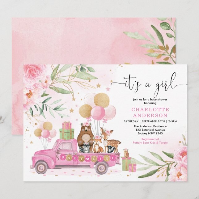 It's a Girl! Pink Gold Floral Woodland Baby Shower Invitation (Front/Back)