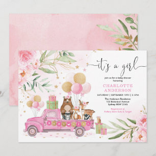 It's a Girl! Pink Gold Floral Woodland Baby Shower Invitation