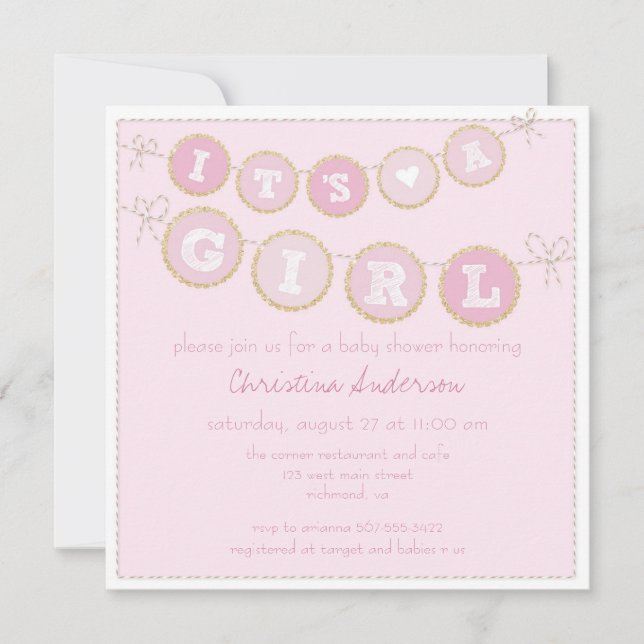 It's A Girl Pink Gold Glitter Baby Shower Invite (Front)