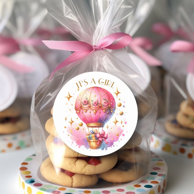 It's a Girl Pink Gold Hot Air Balloons Baby Shower Classic Round Sticker (Creator Uploaded)